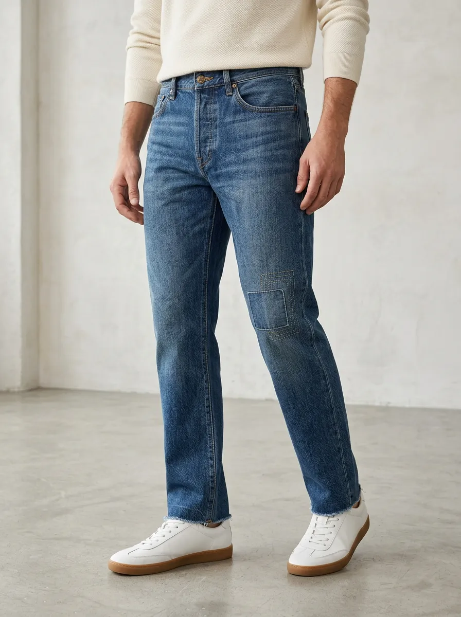 Straight Leg Patchwork Stitched Detail Casual Men's Loose Fit Jeans