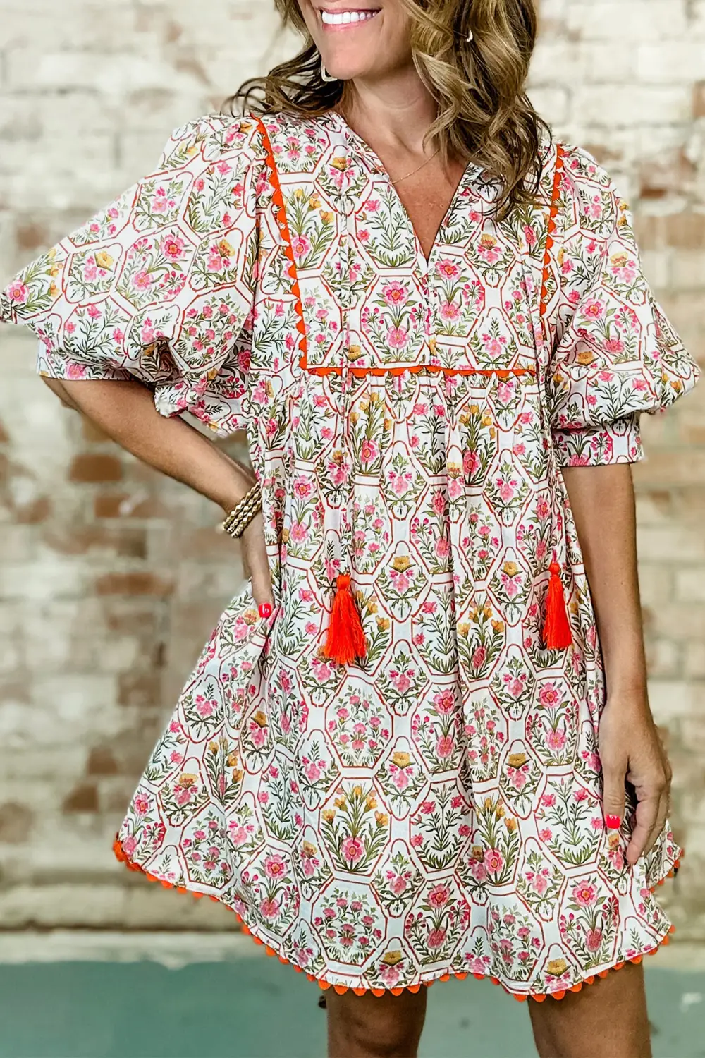 Clean Line Floral Printed V Neck Mini Dress