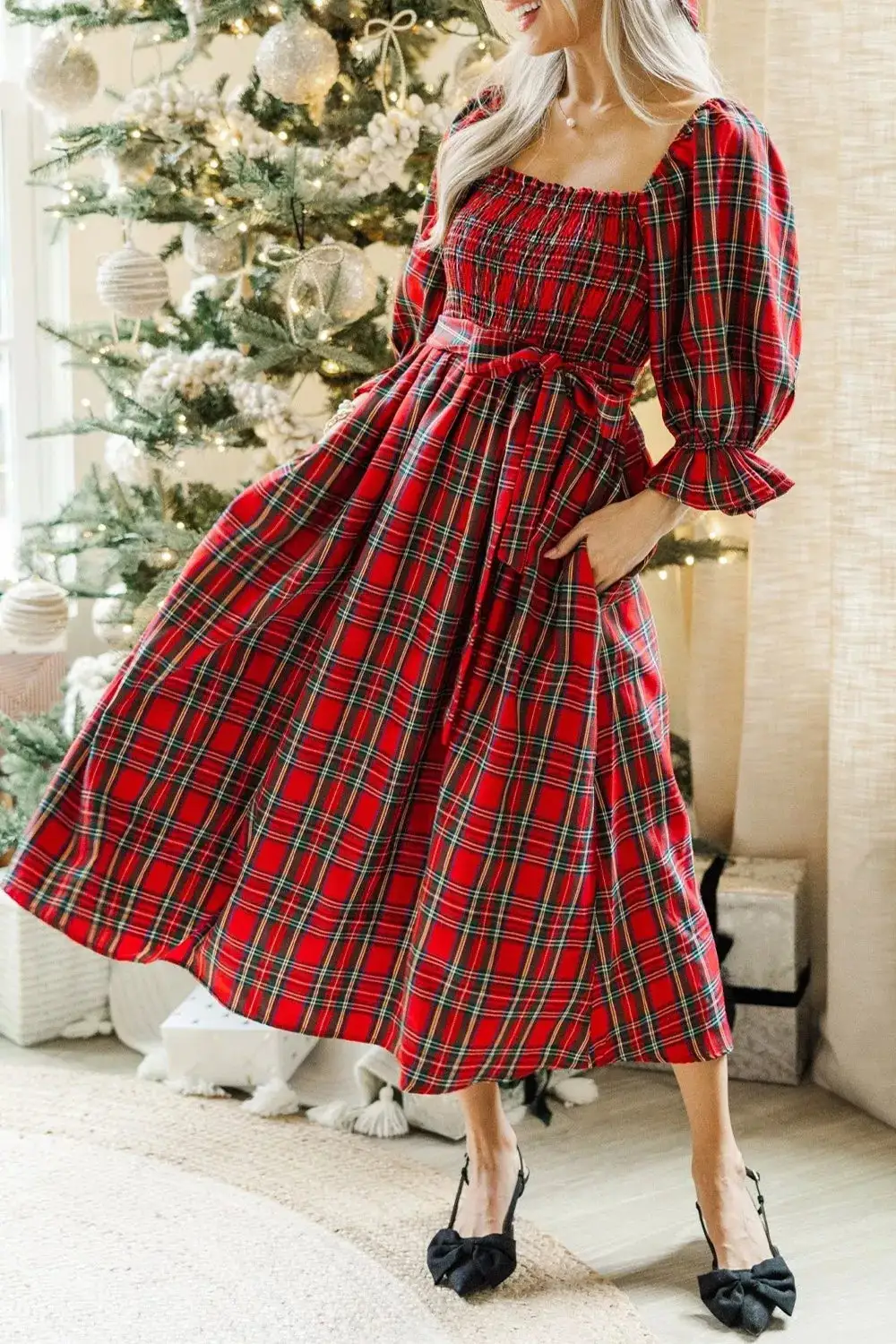 Plaid Smocked Midi Dress
