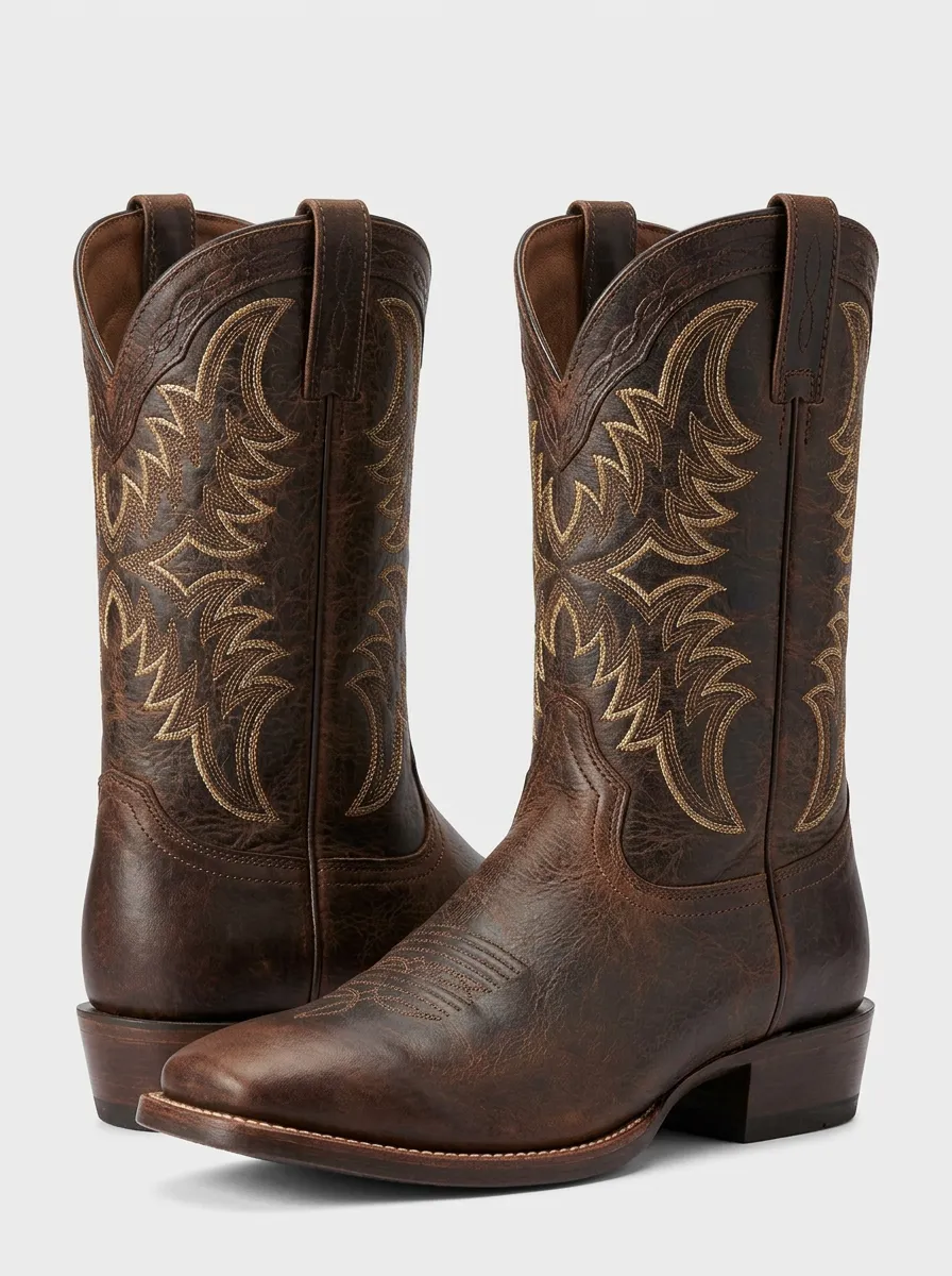 Men's Western Tonal-Embroidery Square-Toe Mid-Calf Pull-Tab Vamp-Stitch Cowboy Boots