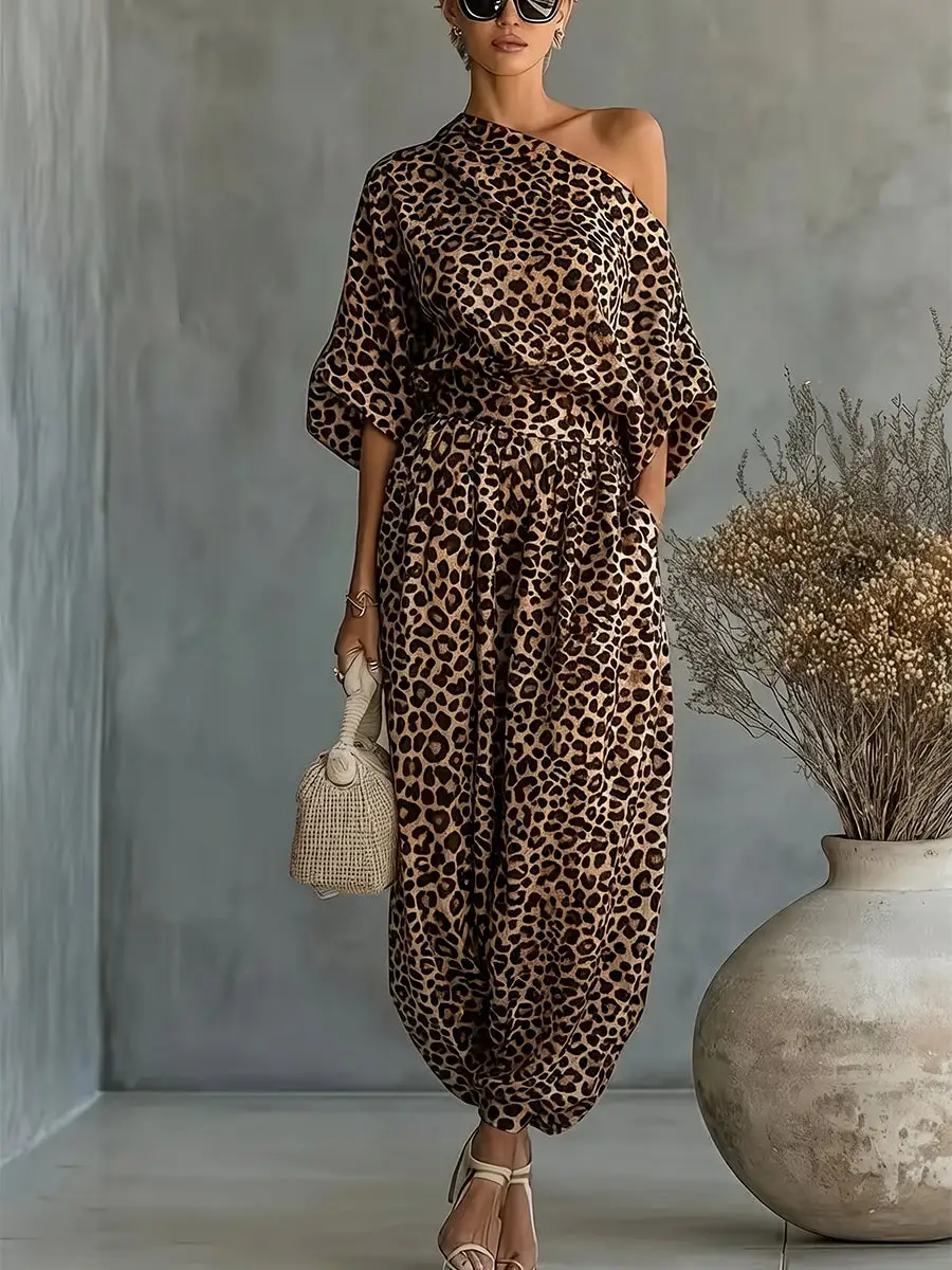 Half Sleeve Leopard Print Blouse And Pants Set