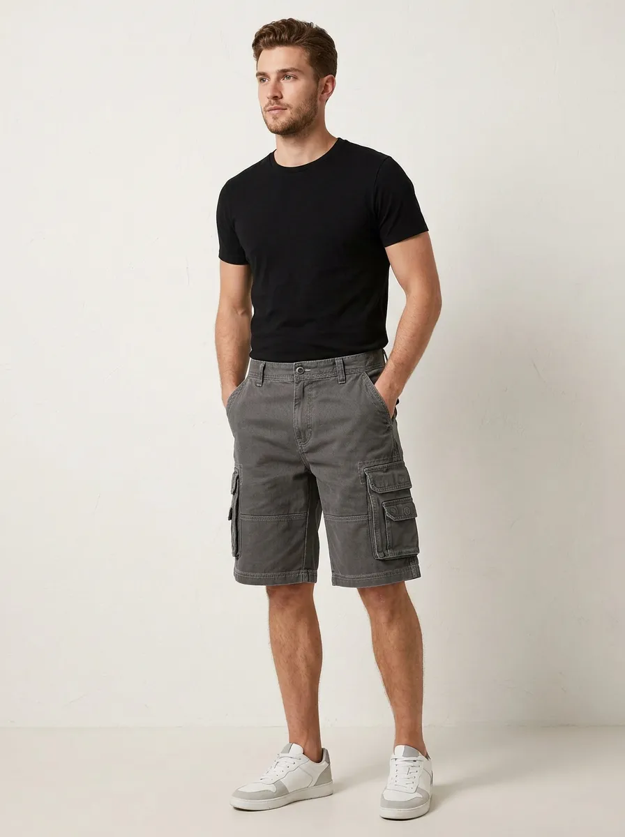 Men's Button Zip Fly Cargo Shorts with Multi-Pocket Detail
