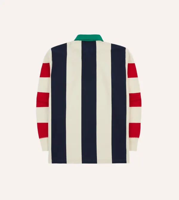Navy, Red And Ecru Vertical Block Stripe Cotton Rugby Shirt Plain
