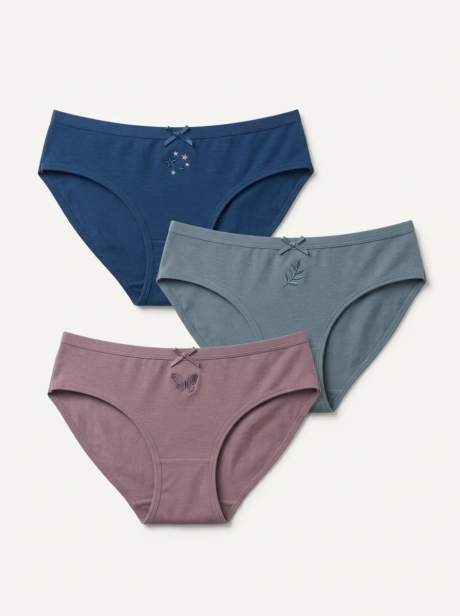Women's Mid-Rise Bow-Detail Center-Front Star Butterfly Leaf Embroidered Briefs Three Pack