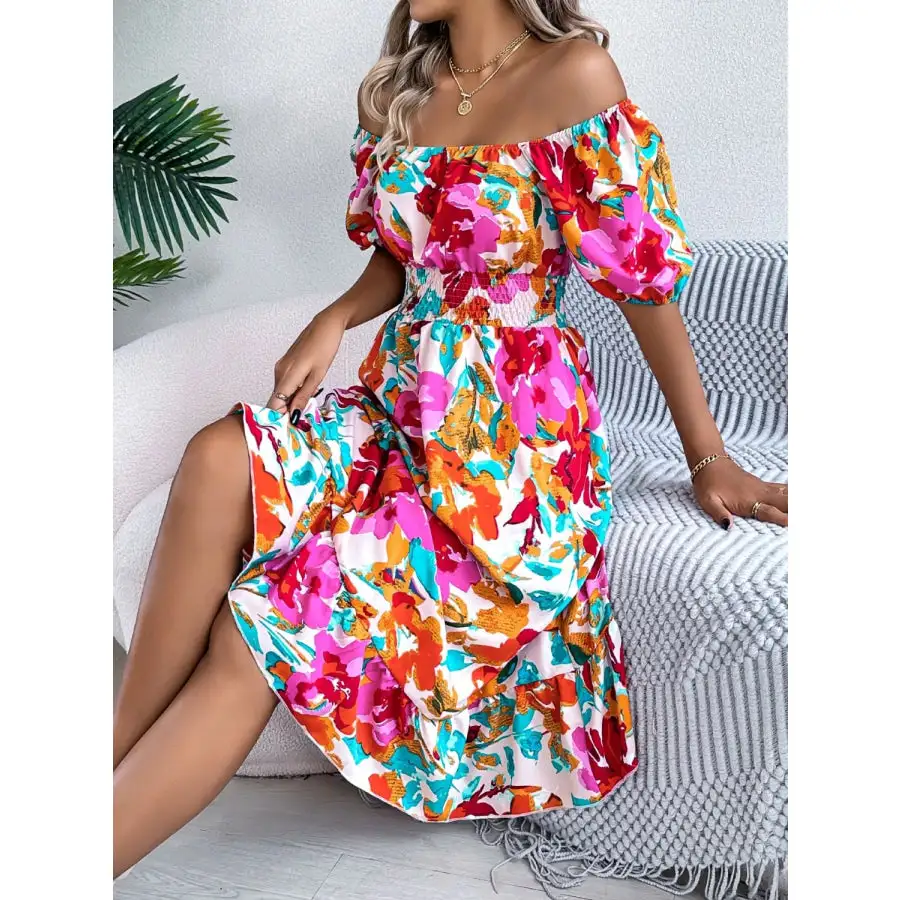 Ruffled Hem Smocked Short Sleeve Midi Dress