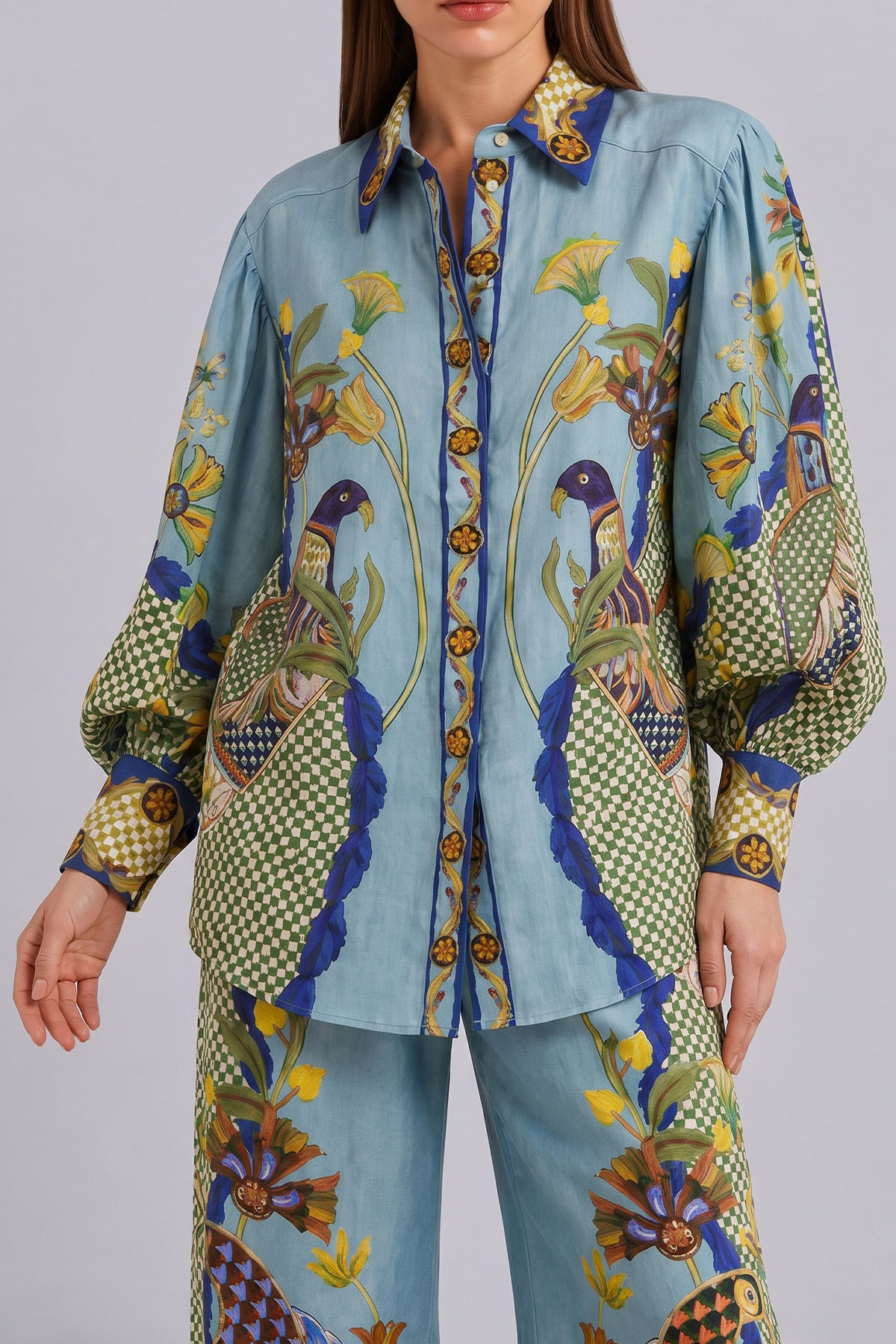 Button Front Printed Matching Pants Set