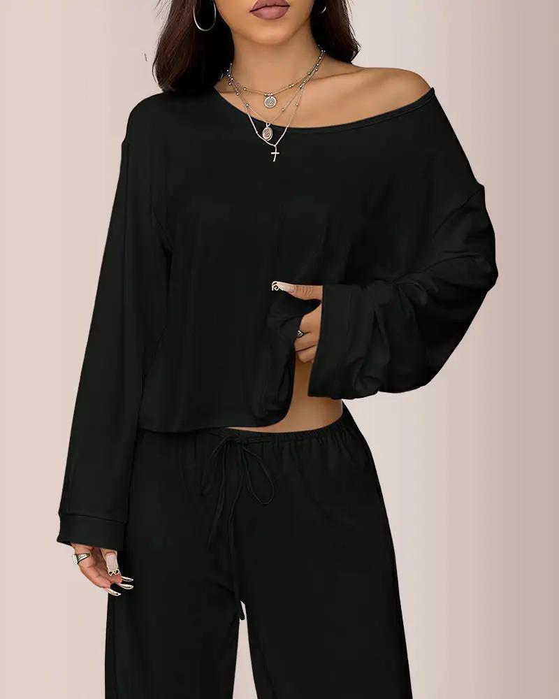 Slouchy Off-Shoulder Crop Top and Wide Leg Lounge Set