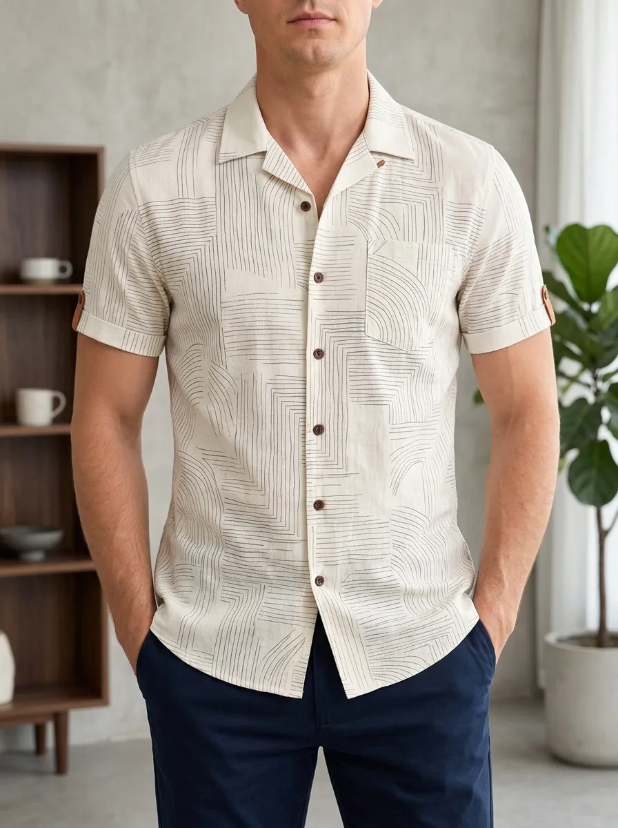 Men's Minimalist Geometric Line Pattern Printed Slim Fit Shirt