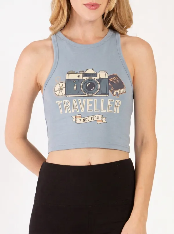 Women's Travel Lover Camera Compass Printed Crop Top