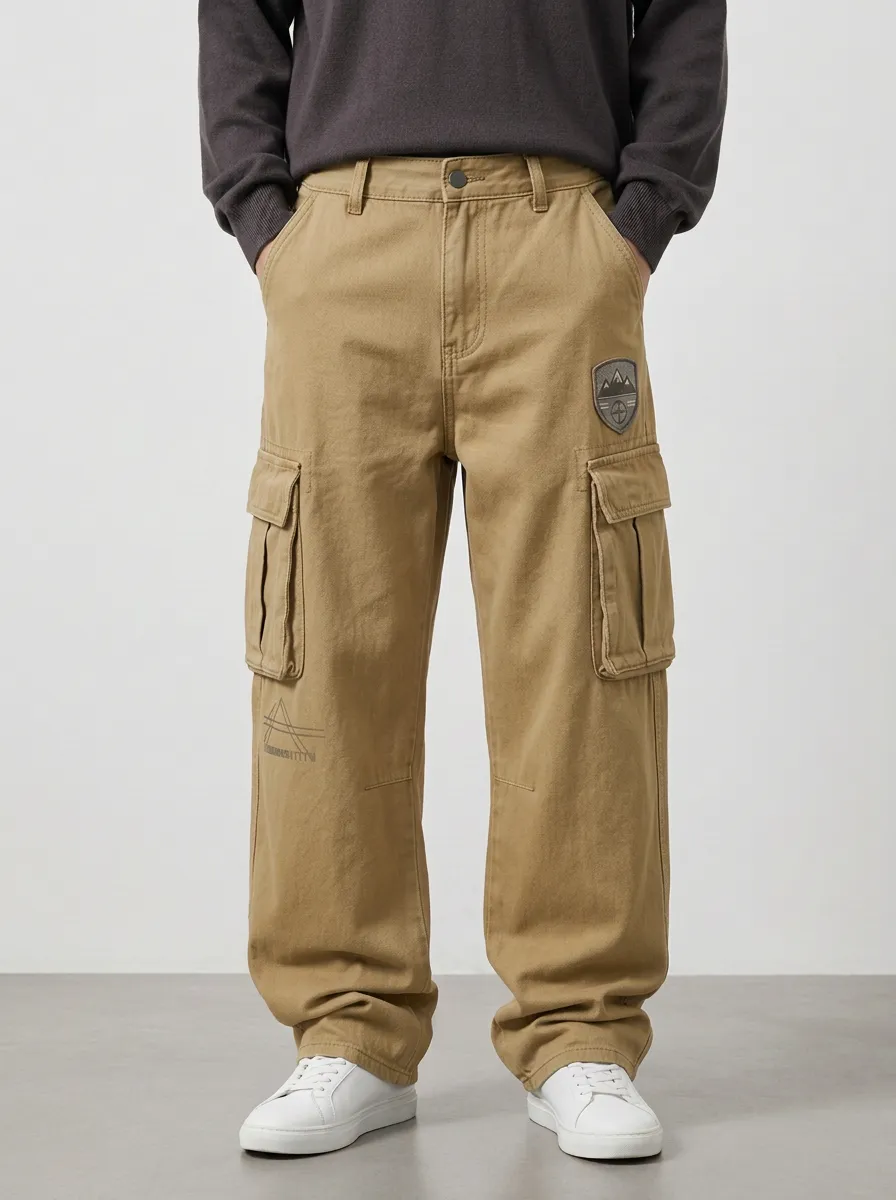 Men's Outdoor Adventure Mountain Patch Printed Cargo Jeans