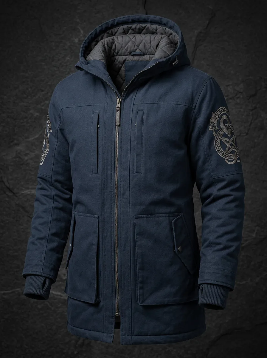 Men's Dragon Hooded Quilted Denim-Look Jacket