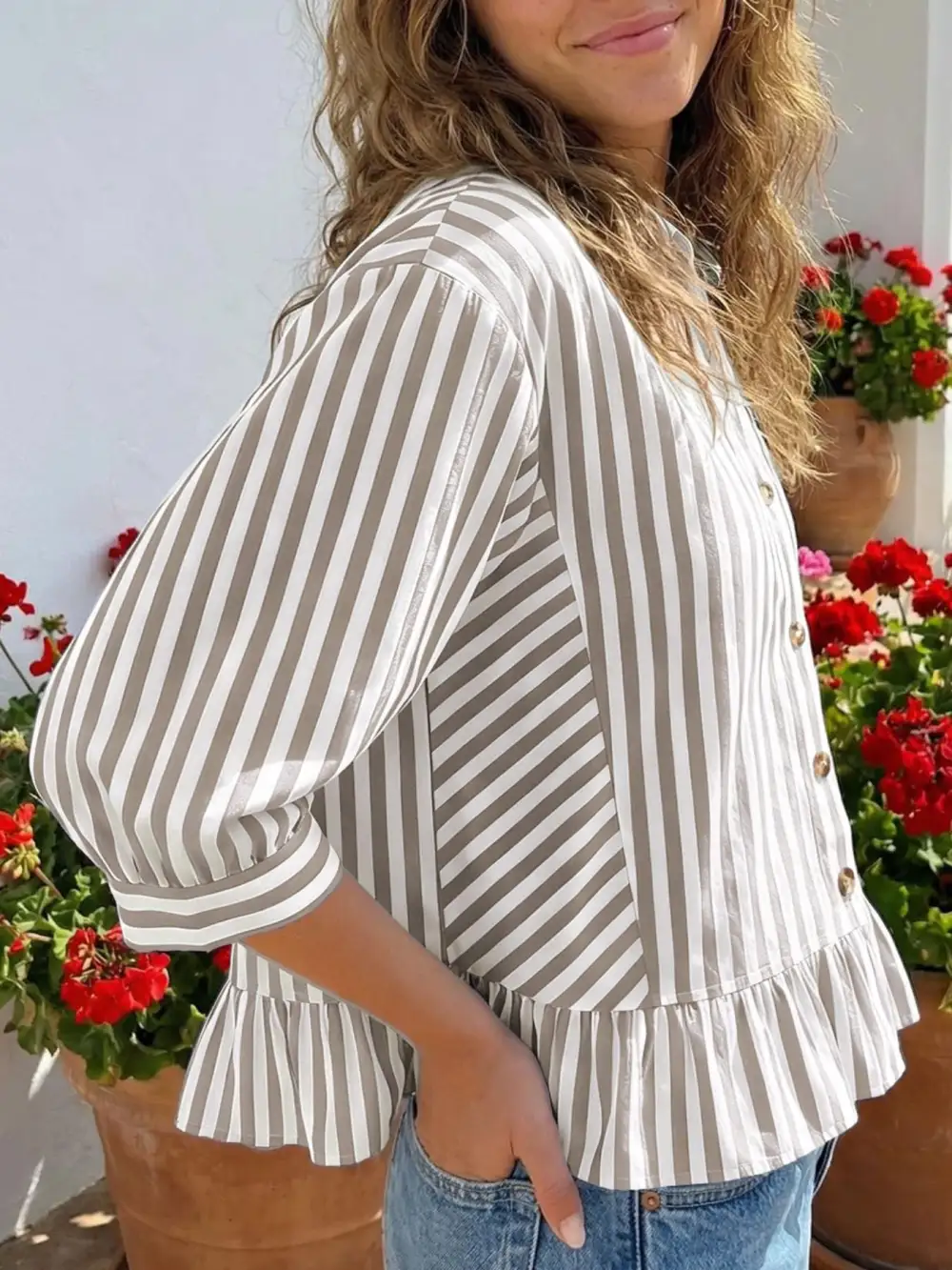 Striped Ruffle Hem Button Down Shirt
