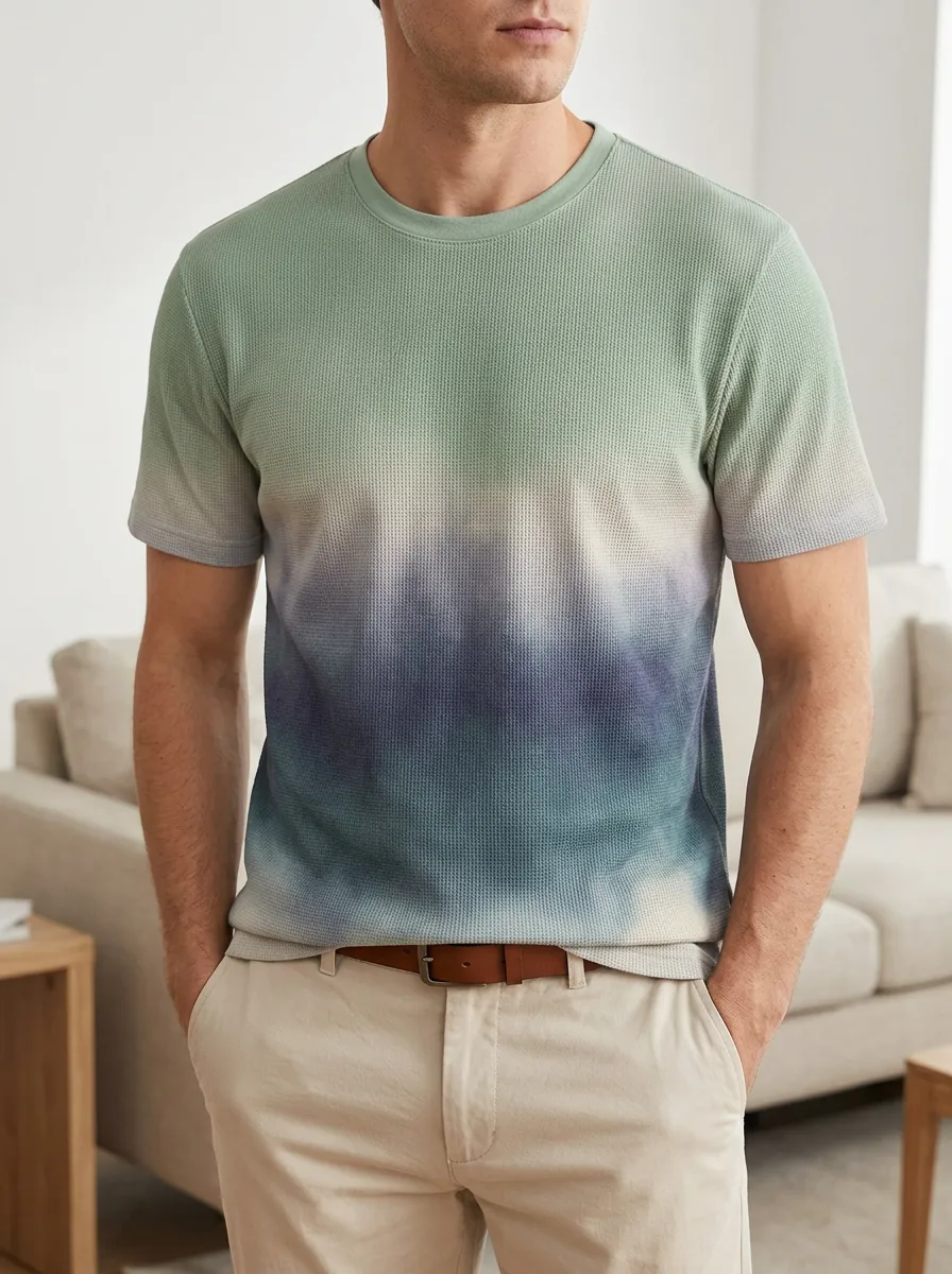 Men's Tie-dye Gradient Waffle Knit Crew Neck T-Shirt