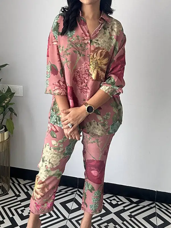 Long Sleeve Buttoned Floral Print Blouse And Pants Set