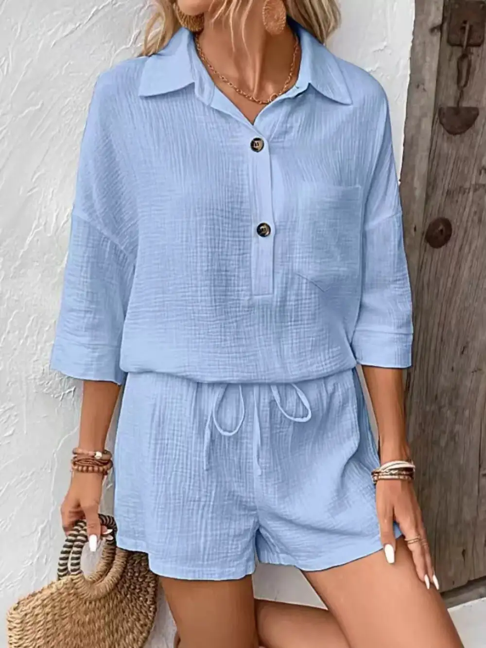 Button Detail Top and Shorts Set