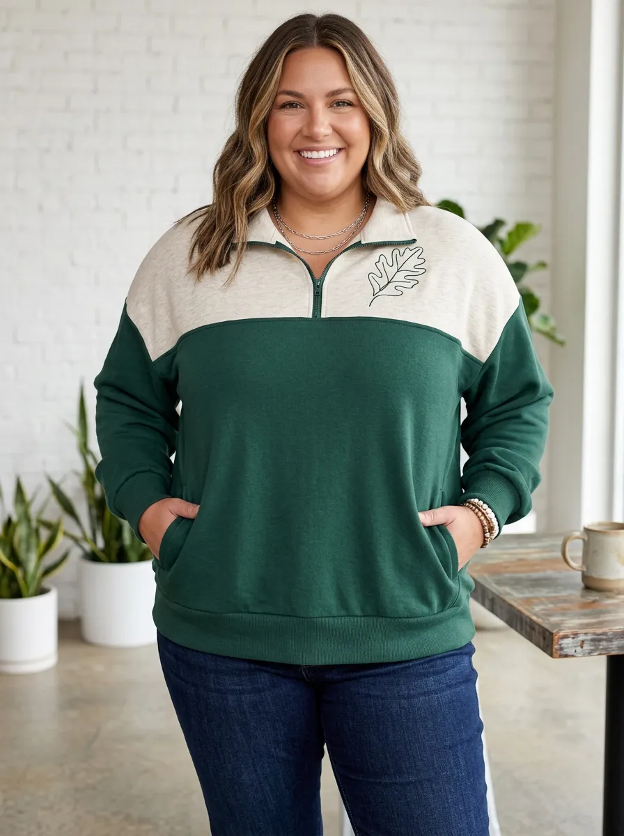 Women's Plus Size Nature Lover Oak Leaf Printed Quarter-Zip Sweatshirt