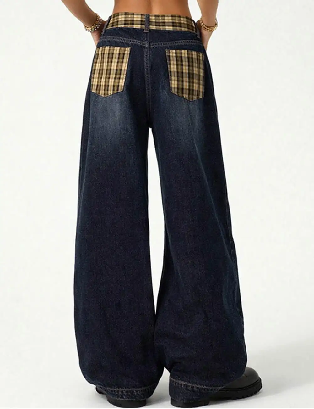 Vintage Checked Patch Belt Wide Leg Denim Pants