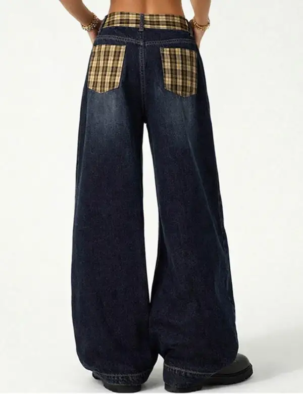 Vintage Checked Patch Belt Wide Leg Denim Pants