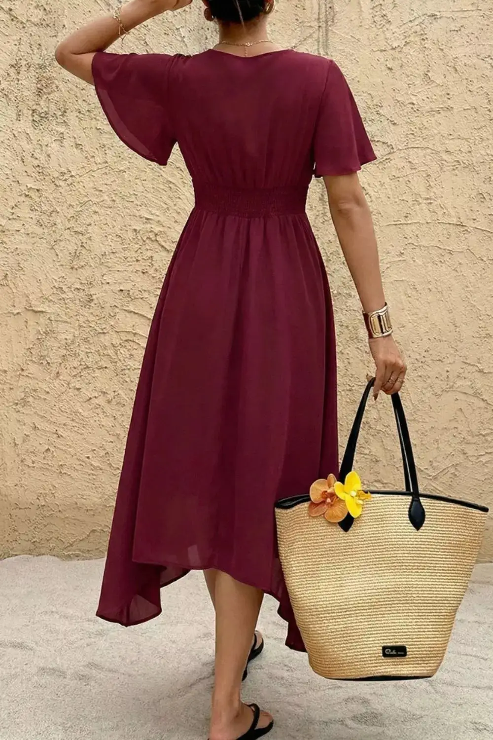 V Neck Flutter Sleeve Midi Dress