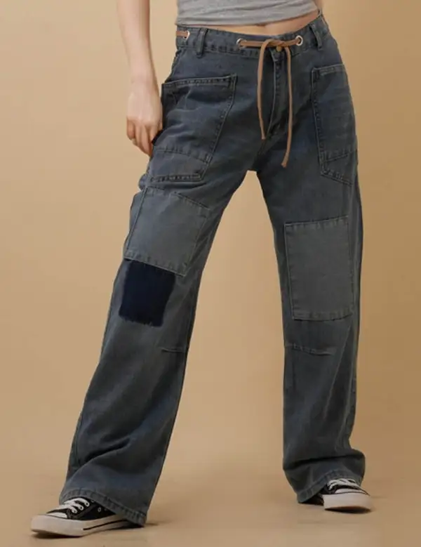 String Tie Jeans Denim Splice Straight Leg Pants