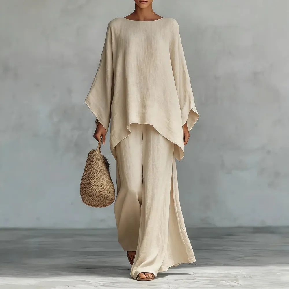 Boho Linen Summer Two-Piece Set – Wide Leg Pants & Batwing Top