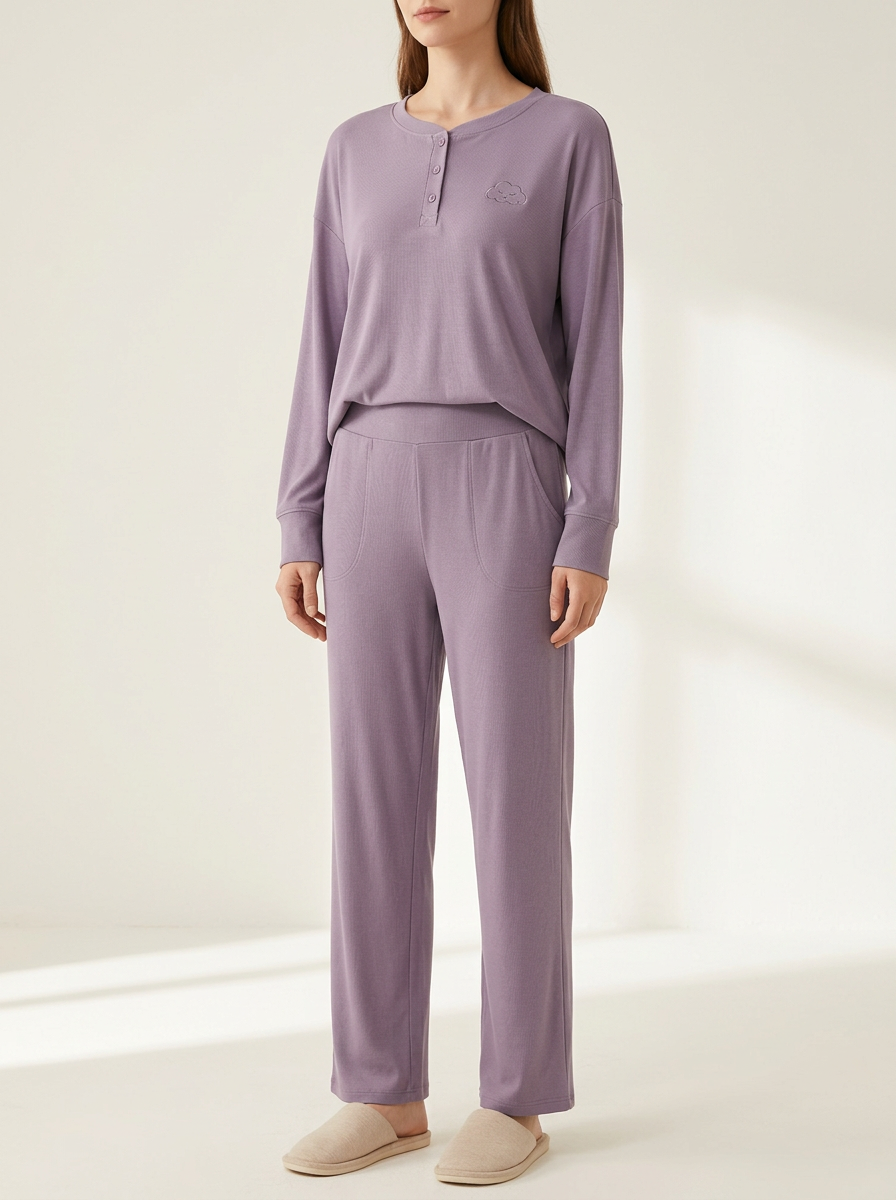 Women's Cloud-Embroidered Henley Straight-Leg Lounge Set
