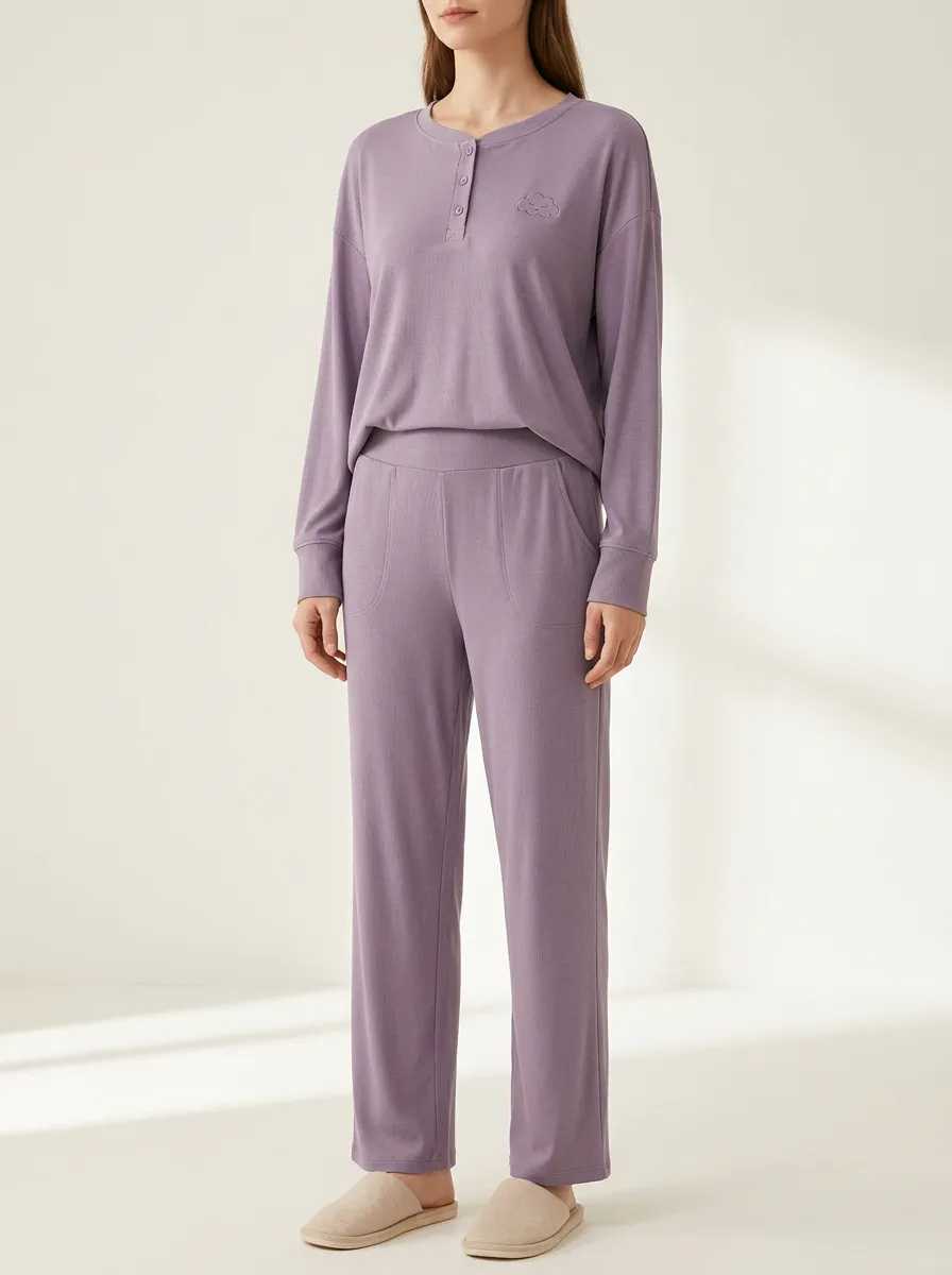 Women's Cloud-Embroidered Henley Straight-Leg Lounge Set
