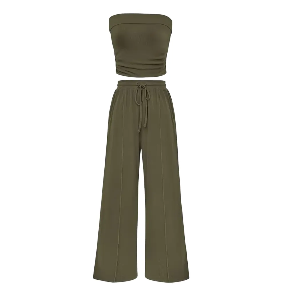 Women's Summer Outfits 2 Piece Sets Casual Ribbed Knit Crop Top & Wide Leg Pants
