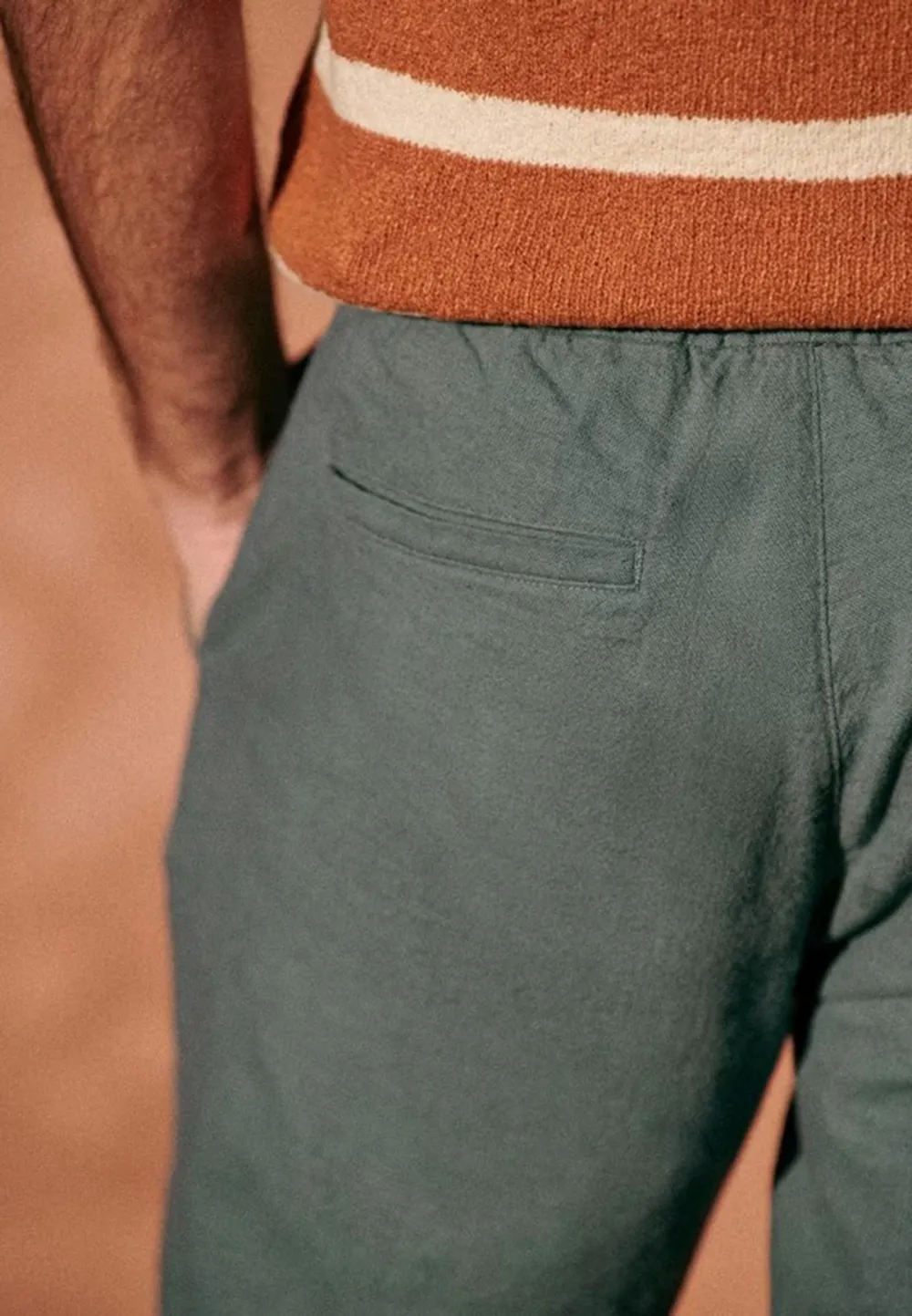 Olive Green Cotton Linen Blend Drawstring Trousers
