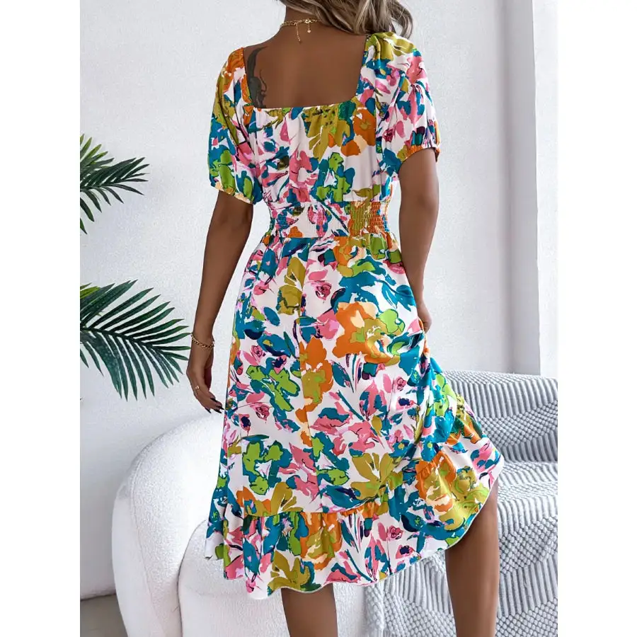 Ruffled Hem Smocked Short Sleeve Midi Dress