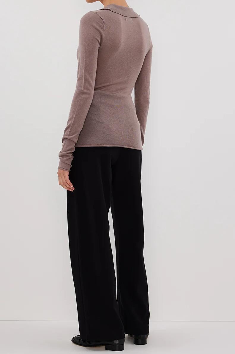 TAUPE MERINO POLO KNIT TOP