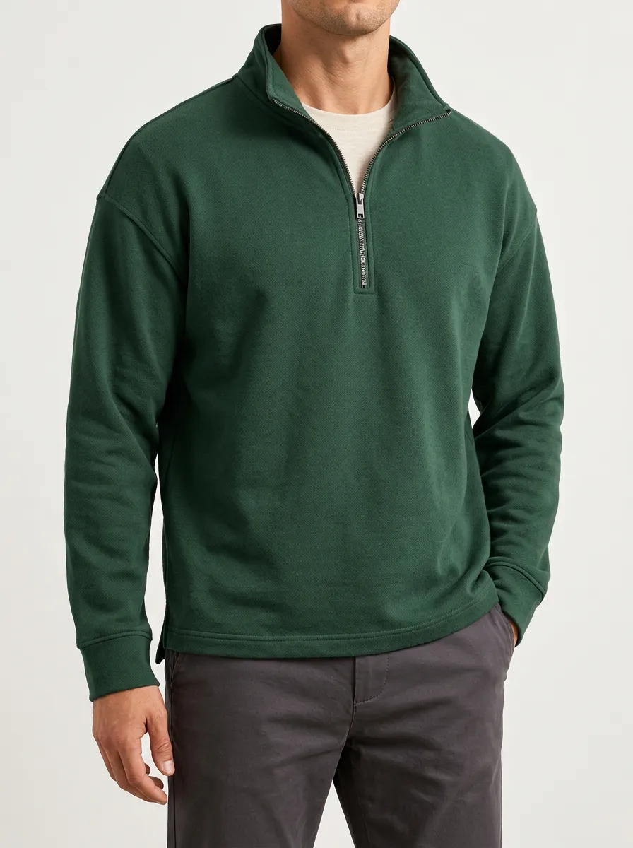 Relaxed Sweatshirt with Solid Finish Finish and Half-Zip Front