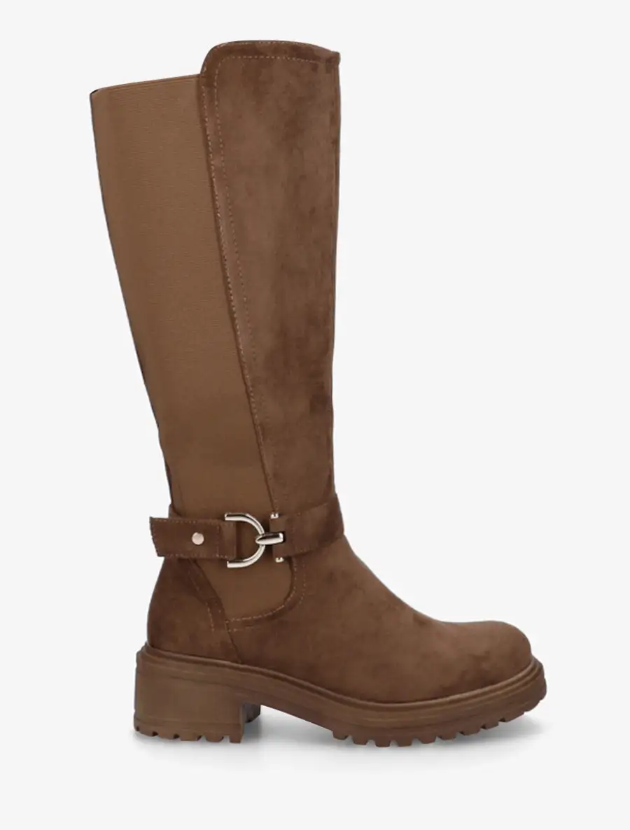Classic Stretch Panel Strap Detail Block Heel Faux Suede Knee High Boots
