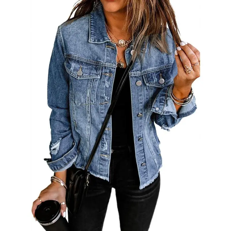Women's Jean Jackets Casual Non Stretch Boyfriend Washed Coats Distressed Ripped Lapel Long Sleeve Denim Outwear Tops 2025 Womenswear Fall Winter Outfits Fitted Basic