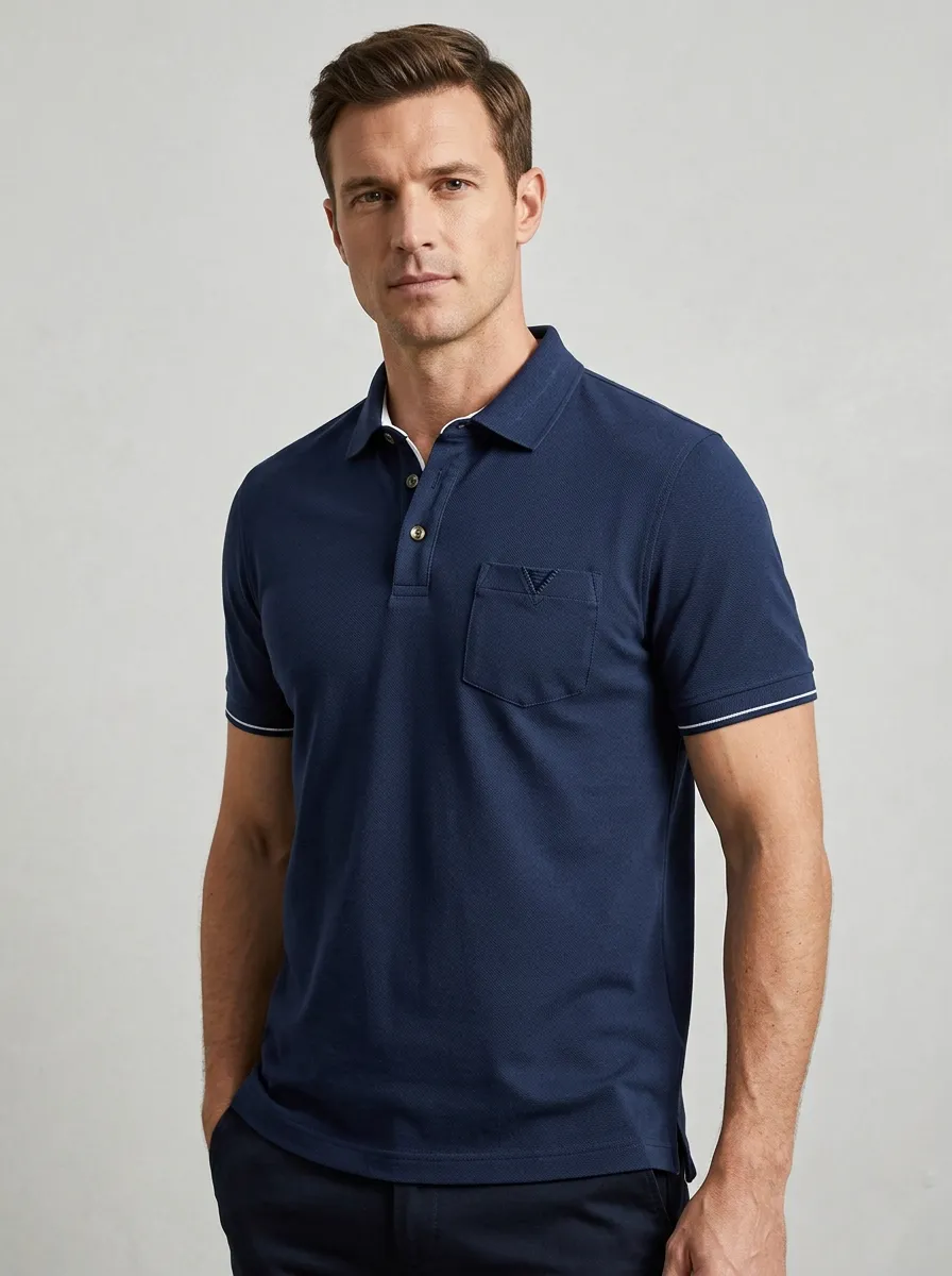 Men's Casual Business Navy Pocket Printed Polo Shirt