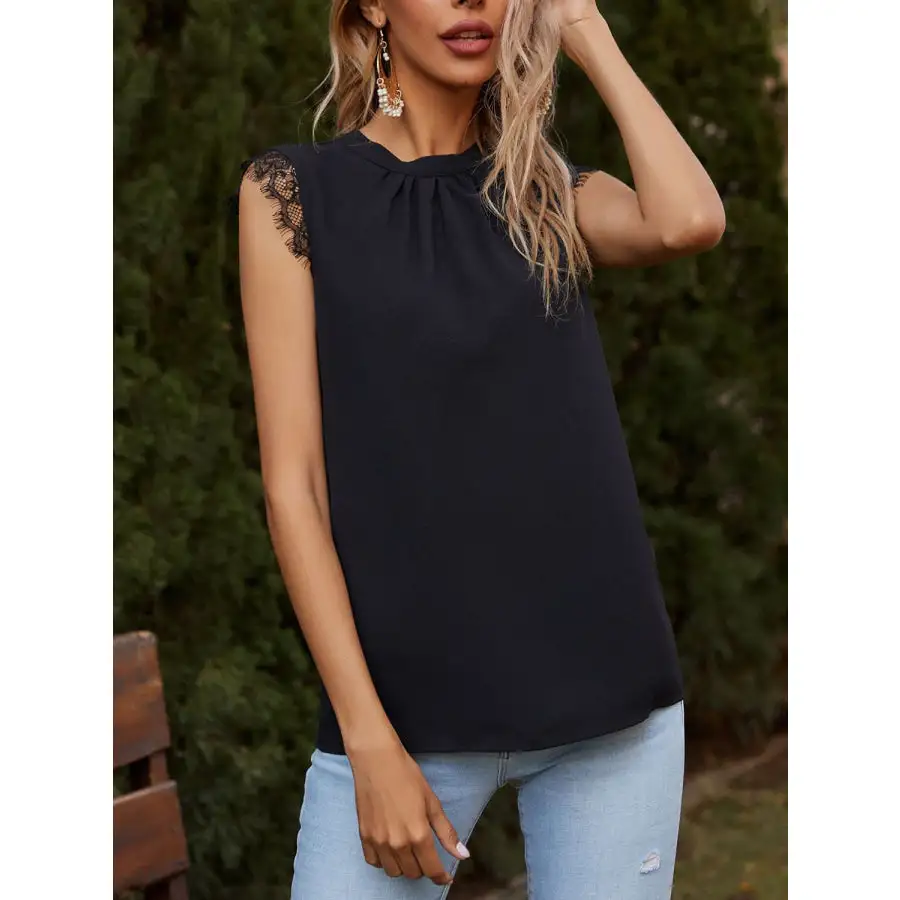 Lace Detail Ruched Round Neck Tank