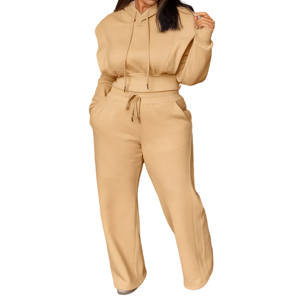 Hooded Long Sleeve Sweatshirt and Casual Wide Leg Sweatpants Set