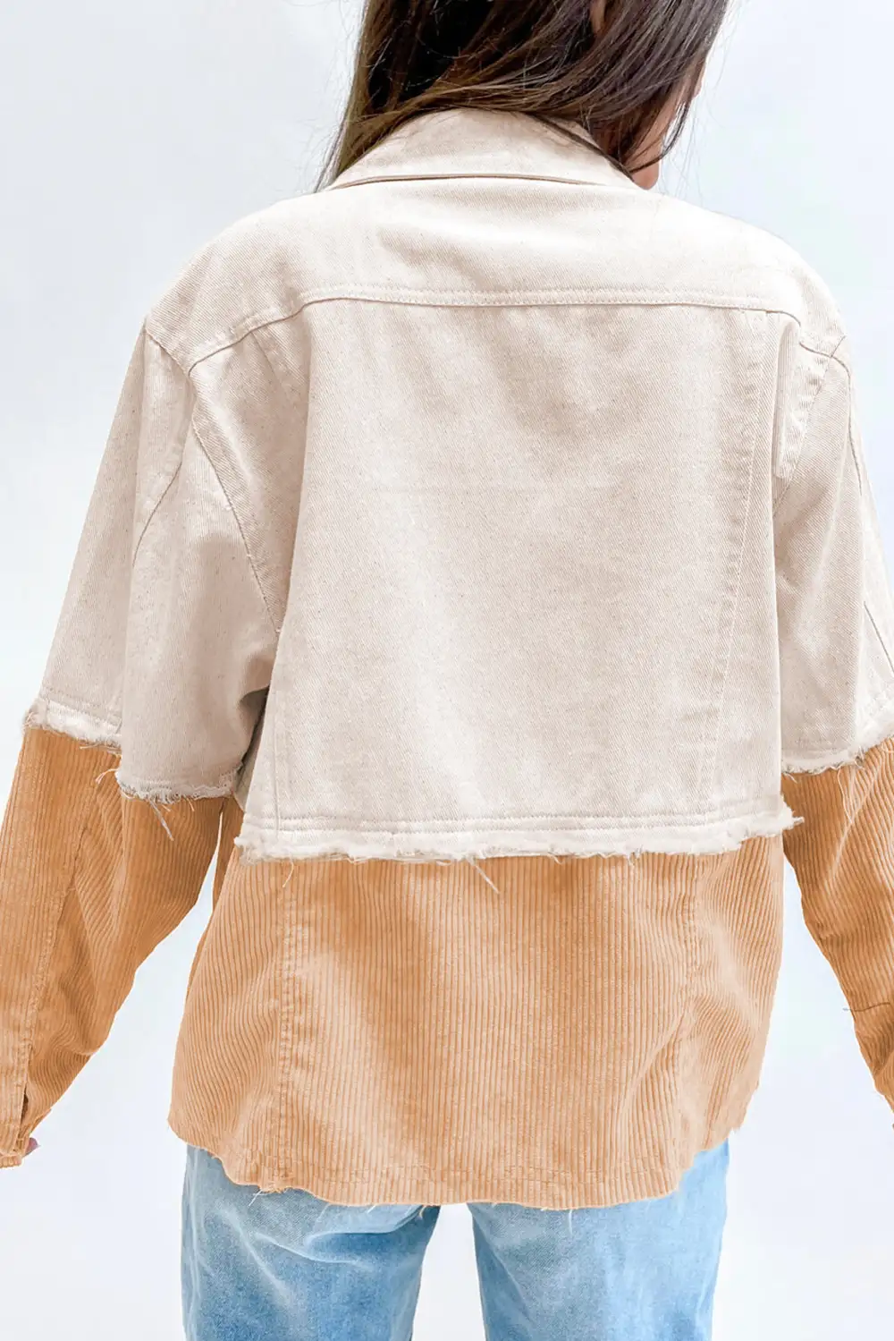 Two Toned Colorblock Cord Chambray Flap Pockets Jacket