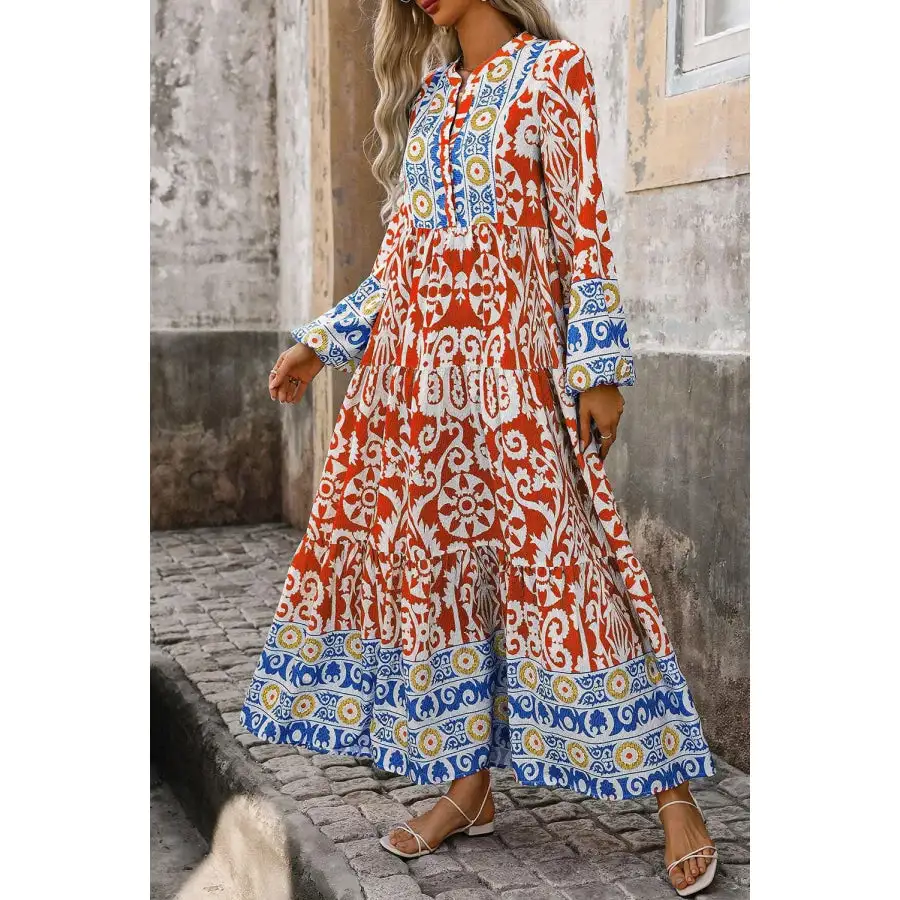 Printed Notched Long Sleeve Maxi Dress