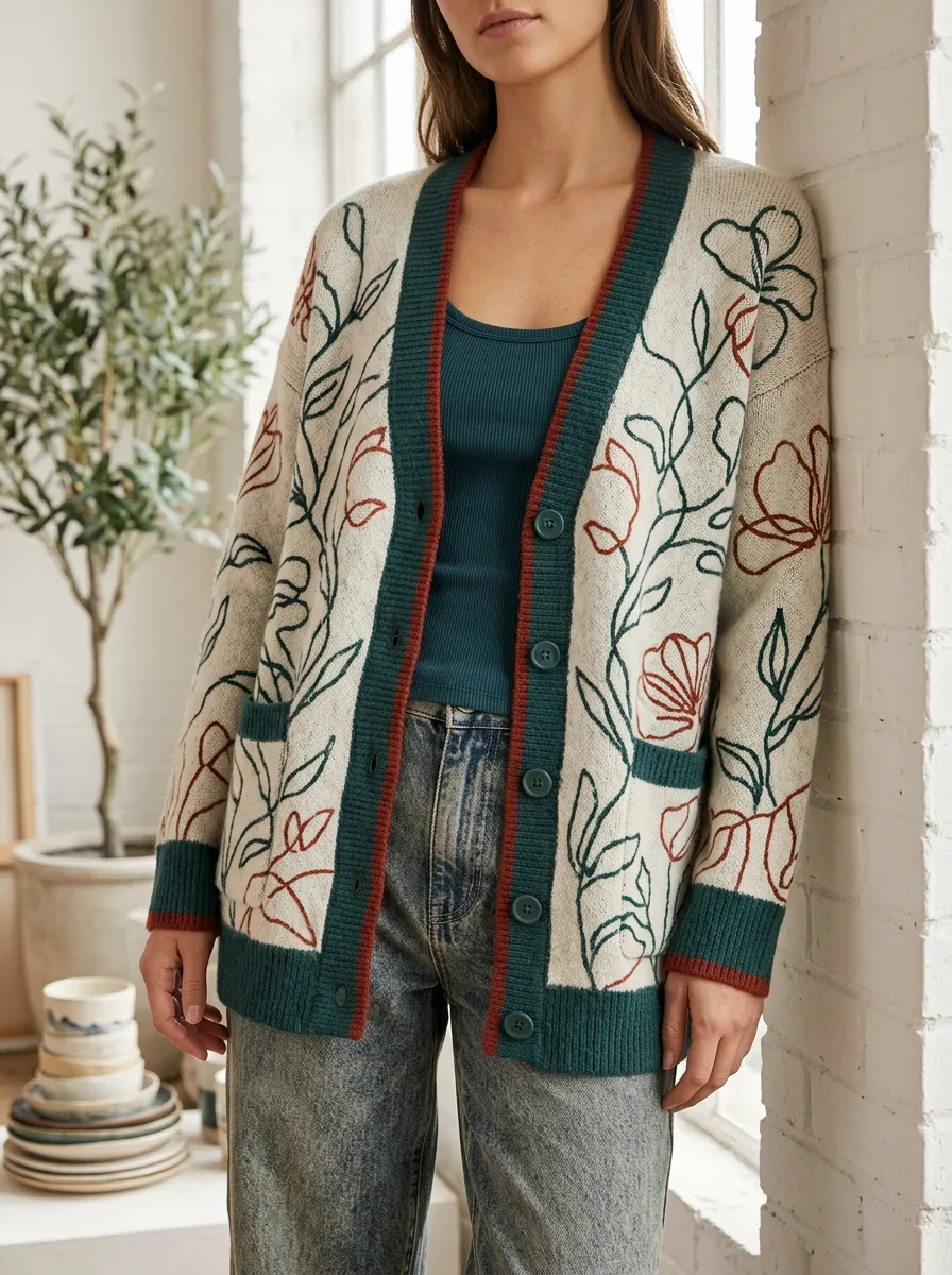 Women's Floral Botanical Line Art Printed Cardigan