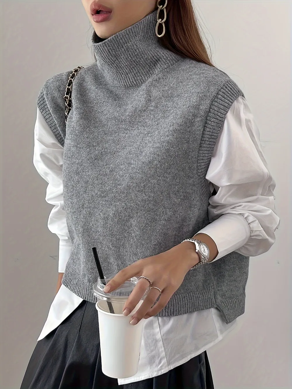 Turtle Neck Vest Jacket Y2k Sleeveless Knitted