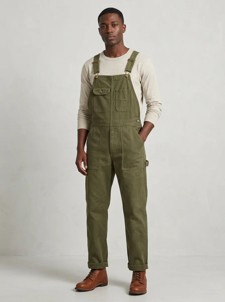 Men's Casual Utility Olive Green Cotton Bib Overalls