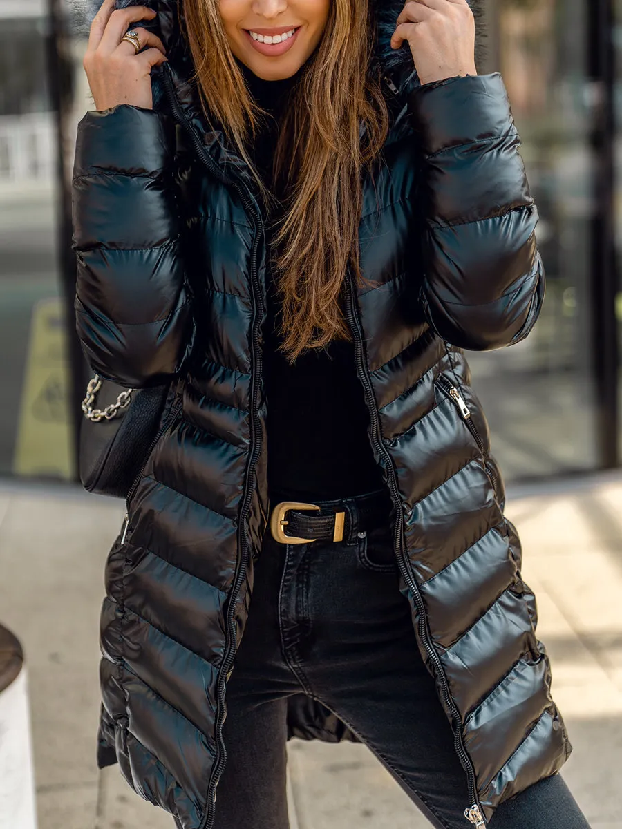 black women's long quilted winter jacket with hood