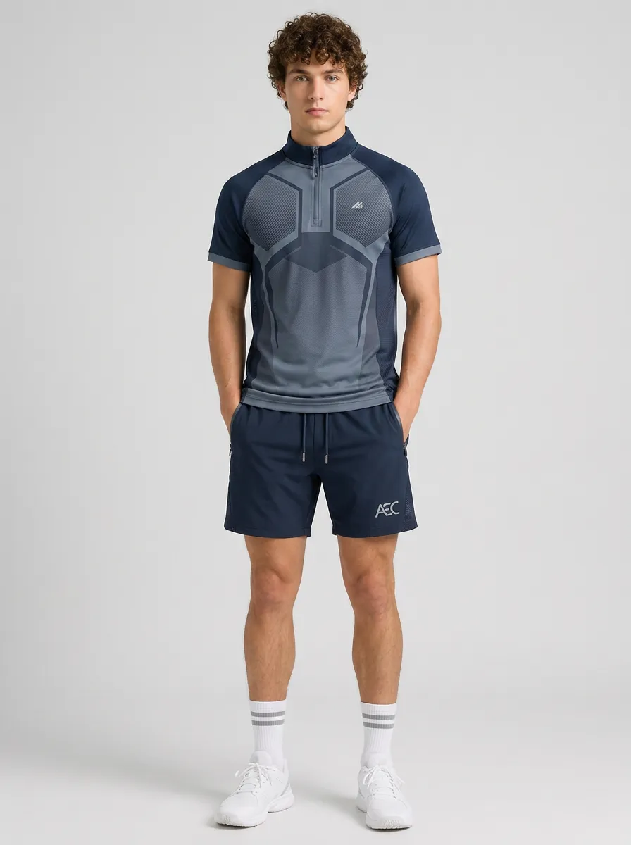 Men's Athletic Sports Geometric Printed Quarter-Zip Shorts Set