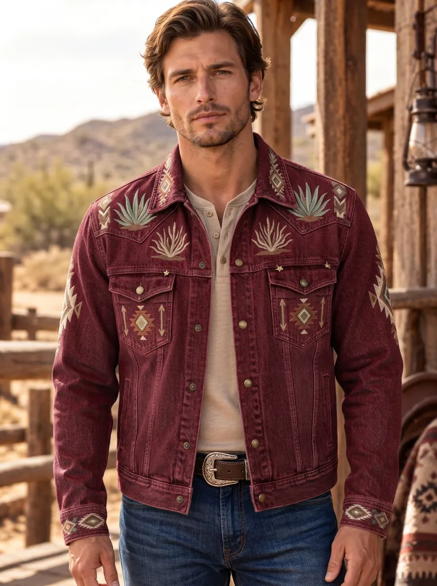 Men's Classic Western Cowboy Cactus Geometric Jacket