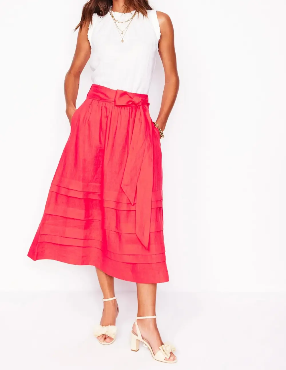 Pintuck Casual Linen Midi Skirt