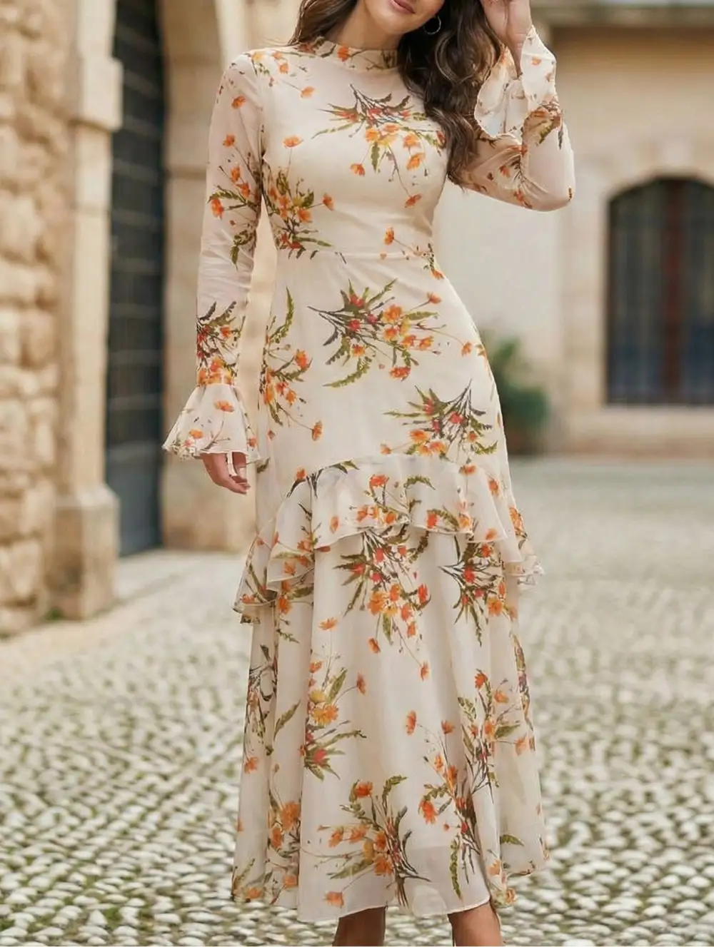 Dress With Lotus Leaf Sleeve And Floral Print