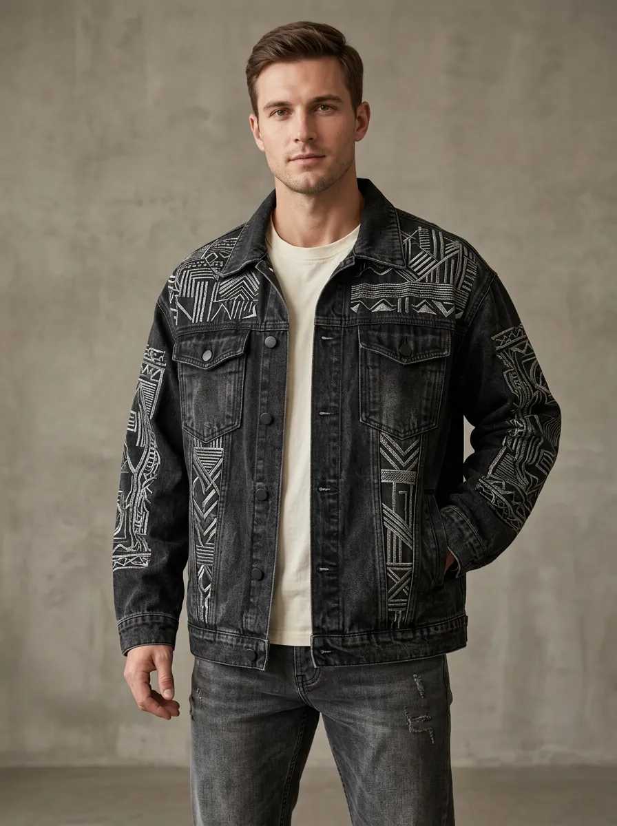 Men's Tribal Rugged Look Geometric Denim Jacket