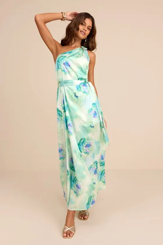 Goddess Aura Light Green Floral Satin One-Shoulder Maxi Dress