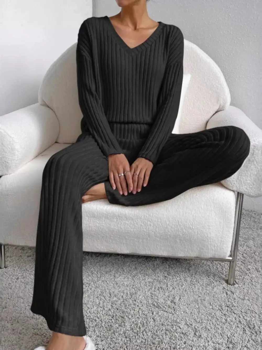 Classic Ribbed Knit V Neck Top and Pants Set